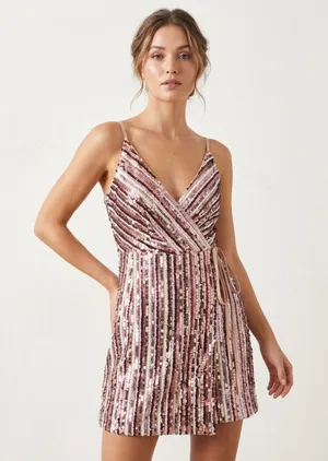 BcbgMaxAzria Sleeveless Bare Pink Combo Sequence Faux Wrap Mini Dress Size 2 thumbnail 1