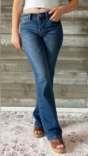 vervet denim mid rise relaxed long bootcut jeans revere dark wash T6136 thumbnail 1