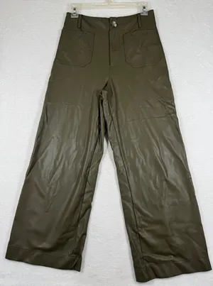 Maeve Anthropologie The Colette Faux Leather Wide Leg Pants‎ Olive Green Size 26 thumbnail 1