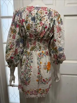 Farm Rio Delicate Forest Scarves Bonded Lace Linen-Blend Mini Dress Size Small thumbnail 10