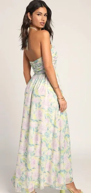 Lulu’s Effortlessly Abloom Green Multi Floral Ruched Halter Maxi Dress thumbnail 2