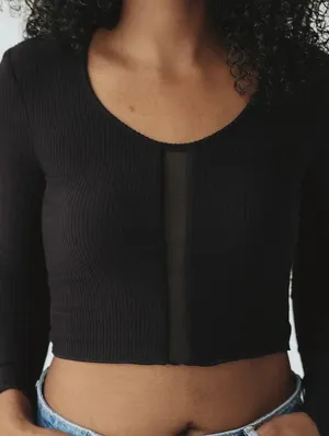 Klassy Network Mesh Strip Long Sleeve Crop Top thumbnail 3