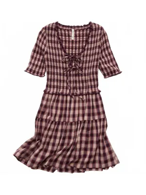 AE Puff Sleeve Tie Front Plaid Mini Dress American Eagle Pink NWT Burgundy XXL thumbnail 4