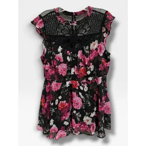Torrid Peplum Chiffon Clip Dot Crochet Top 00 M/L 10 Black Floral thumbnail 6