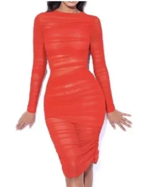 Miss Circle Jimena Red Ruched Mesh Long Sleeve Dress Womens New Medium thumbnail 1