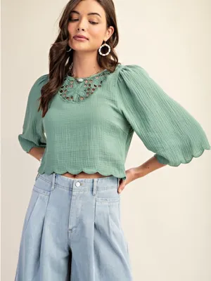Crochet Yoke Puff Sleeve Blouse in Sage Size Medium thumbnail 1
