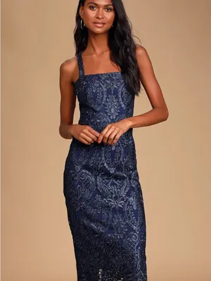 Lulus Love of Lace Navy Blue Lace Midi Dress size small NWT thumbnail 2