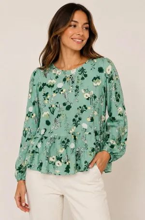 LOFT Floral Peplum Blouse Women XL Mint Green Long Balloon Sleeve Cottage Y2K thumbnail 1
