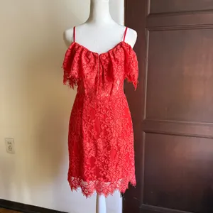 NBD x NAVEN | Allie Red Orange Lace Cocktail Dress Off Shoulder Sheer | Small thumbnail 2