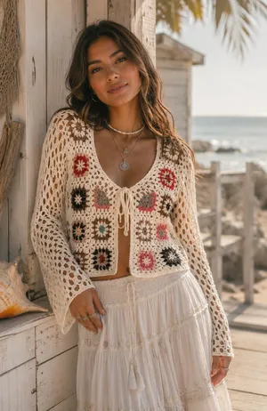 debut Crochet Openwork Tie-Front Cardigan with Floral Motifs thumbnail 1