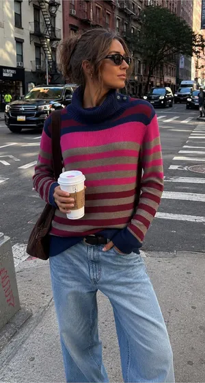 Eddie Bauer Striped Cowl Neck Sweater in Navy, Pink & Tan thumbnail 1