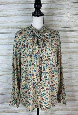 Vintage sears yellow floral pussybow neck tie office secretary blouse thumbnail 1