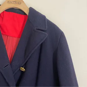 Vintage Navy Wool Pea Coat Red Lining Brass Stag Buttons Double Breasted thumbnail 3