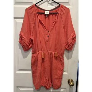 Knox Rose Womens Large Coral Pink Gauze Boho Romper Tassel Tie Ruffle Sleeve L‎ thumbnail 2