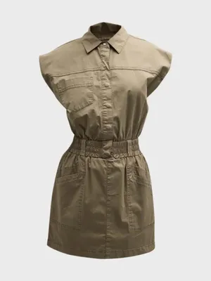 Pistola Cap Sleeve Smocked Waist Rosie Mini Dress in Army Olive Green thumbnail 2