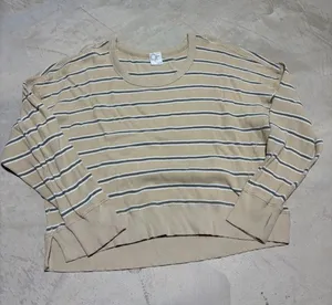 aerie Beige Striped Long Sleeve waffle knit Top large thumbnail 1