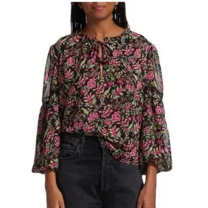 Misa Los Angeles Alicia Floral Coquette Prairie Blouse Vneck Ties Pink Black L thumbnail 2