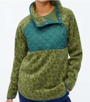J. Crew Green Leopard Print Quilted Button-Neck Sherpa Long Sleeve Sweater Sz M‎ thumbnail 1
