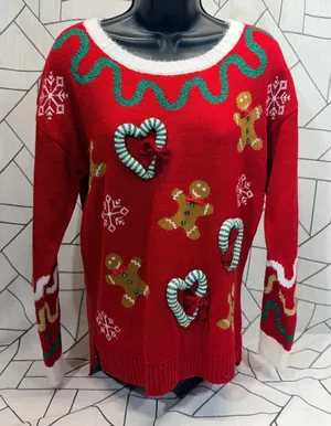 Celebrate Together Ugly Christmas Sweater‎ M Red Gingerbread Candy Cane Glitter thumbnail 1
