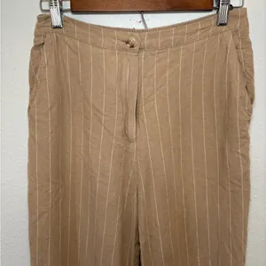 Skies Are Blue Small Tan Linen Cropped High Rise Pin Striped Pants‎ 73976 Latte thumbnail 3