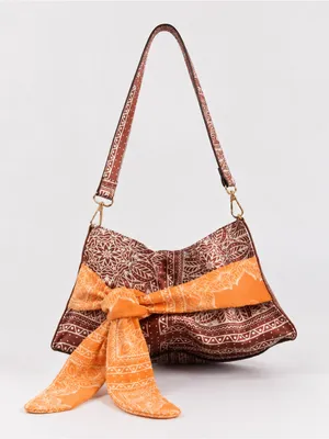 NWOT Free People Brown Bandana-Print Shoulder Bag with Orange Scarf Tie thumbnail 1