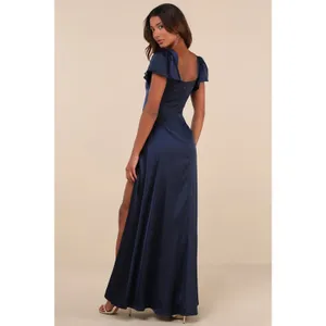 NWT Lulus Ultimate Sweetness Navy Satin Flutter Sleeve Maxi Dress Wedding Sz L thumbnail 3