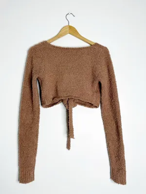 SKIMS Cozy Knit Wrap Sweater S/M Teddy Fuzzy Cropped Tie Front Brown thumbnail 8