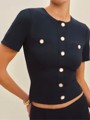 Reformation XS NEW Ellen Knit Top Navy Crew Neck Business Office Old Money thumbnail 1