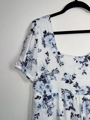 Maurices Floral Square Neck Babydoll Mini Dress White Blue Puff Sleeve thumbnail 4