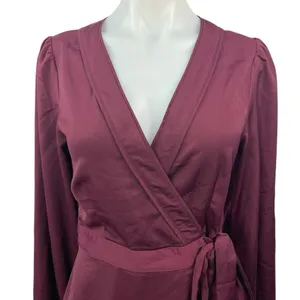 Lulus Red Maroon Long Sleeve V Neck Cocktail A Line Mini Wrap Dress Size S thumbnail 3