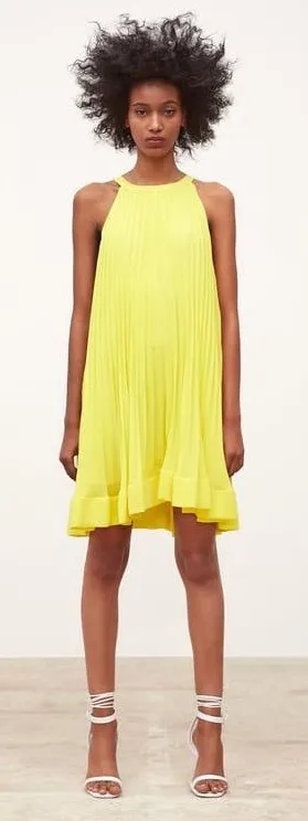 ZARA Pleated Halter Neck Sleeveless A-Line Mini Dress Yellow Sz XS thumbnail 1
