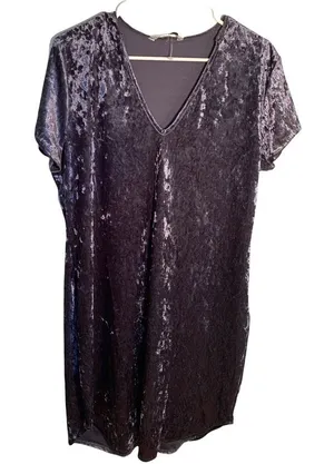Molly & Erica Women's Crushed Velvet Dress Midi V-Neck‎ Short Sleeve Gray Purple thumbnail 1