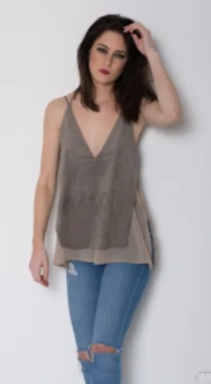 Zara Womens VNeck Sleeveless Layered Tank Top tan Small faux suede S Casual Chic thumbnail 1