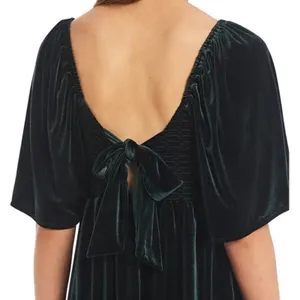 Chelsea & Violet Dress Womens XL Green Velvet Puff Sleeve Smocked Babydoll New thumbnail 3