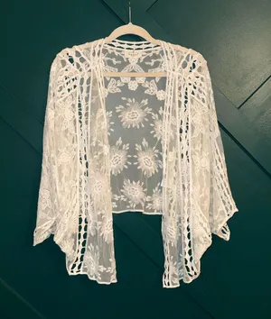 Cream White Floral Lace Kimono Cardigan Boho Crochet Size L thumbnail 1