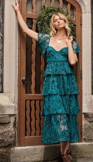 Altar'd State Roxanne Teal Green Floral Lace Layered Maxi Dress thumbnail 1