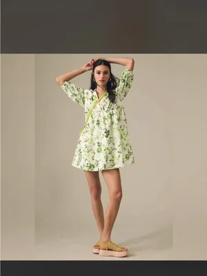Maeve by Anthropologie V-Neck Tunic Dress in a white and green floral large thumbnail 2