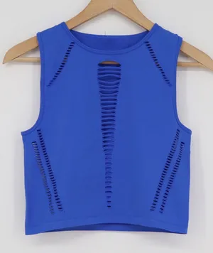 Royal Blue Laser Cut Seamless Athletic Crop Top Sleeveless Distressed Tank thumbnail 1