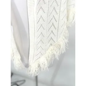 Vintage Shawl Wrap Women OS Ivory Pointelle Knit Fringe Crochet Boho Grannycore thumbnail 2
