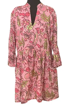 Jude Connally Faith Dress LG Pink Gold Floral Cotton Voile Babydoll Boho Resort thumbnail 1