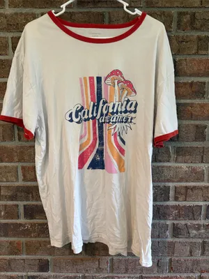 No Boundaries Unisex California Dreamer Graphic Mushroom Ringer Tee - White with Orange Trim thumbnail 1