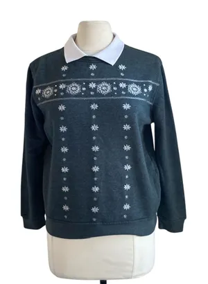 VINTAGE Holiday Sweatshirt Womens Sz Small Petite Grey Snowflakes Winter thumbnail 1