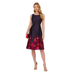 NWT Adrianna Papell Pleated Floral Jacquard Dress Navy Blue / Pink Multi 6 thumbnail 3
