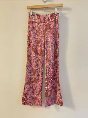 Maeve Anthropologie Maria Pink Paisley Metallic Jacquard Flare Pants Size 0 thumbnail 3