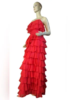 Vintage 1970'S Red Chiffon Tiered Ruffle Miss Elliette California Maxi Dress (S) thumbnail 3