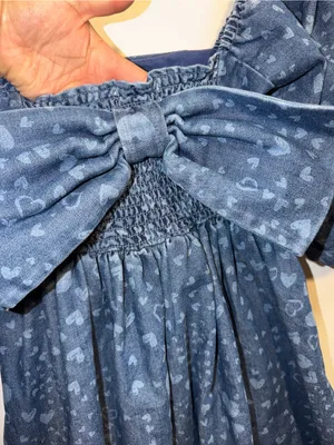 Avec Les Filles Heart Print Denim Mini Dress Bow Back Puff Sleeve XS $149 thumbnail 5