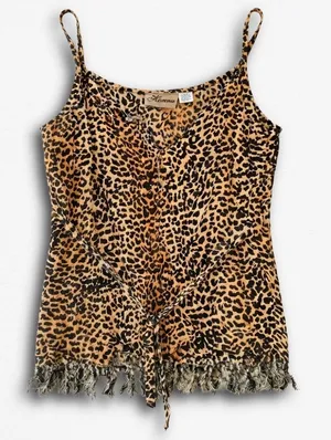Henna‎ Leopard Print Camisole Top Frayed Fringe Hem Rayon One Size Animal Print thumbnail 1