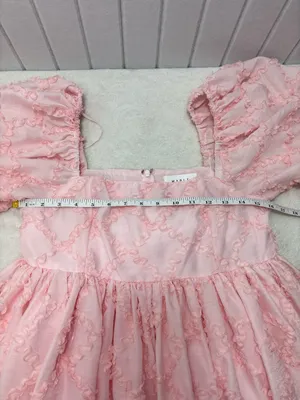 Mable Ribbon Textured Puff Sleeve Babydoll Mini Dress In Baby Pink‎ Size M thumbnail 9