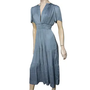Joie Women’s Size S Dusty Blue V-Neck Smocked Waist Silky Flutter Sleeve Dress thumbnail 2