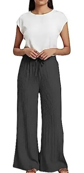 Women's Crinkle Wide Leg Slacks XXL Lightweight Summer Charcoal Gray NEW‎ thumbnail 1
